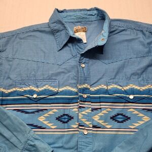 VTG Express Rider Pearl Snap Shirt Mens Large Blue Aztec 90s Western USA Cowboy